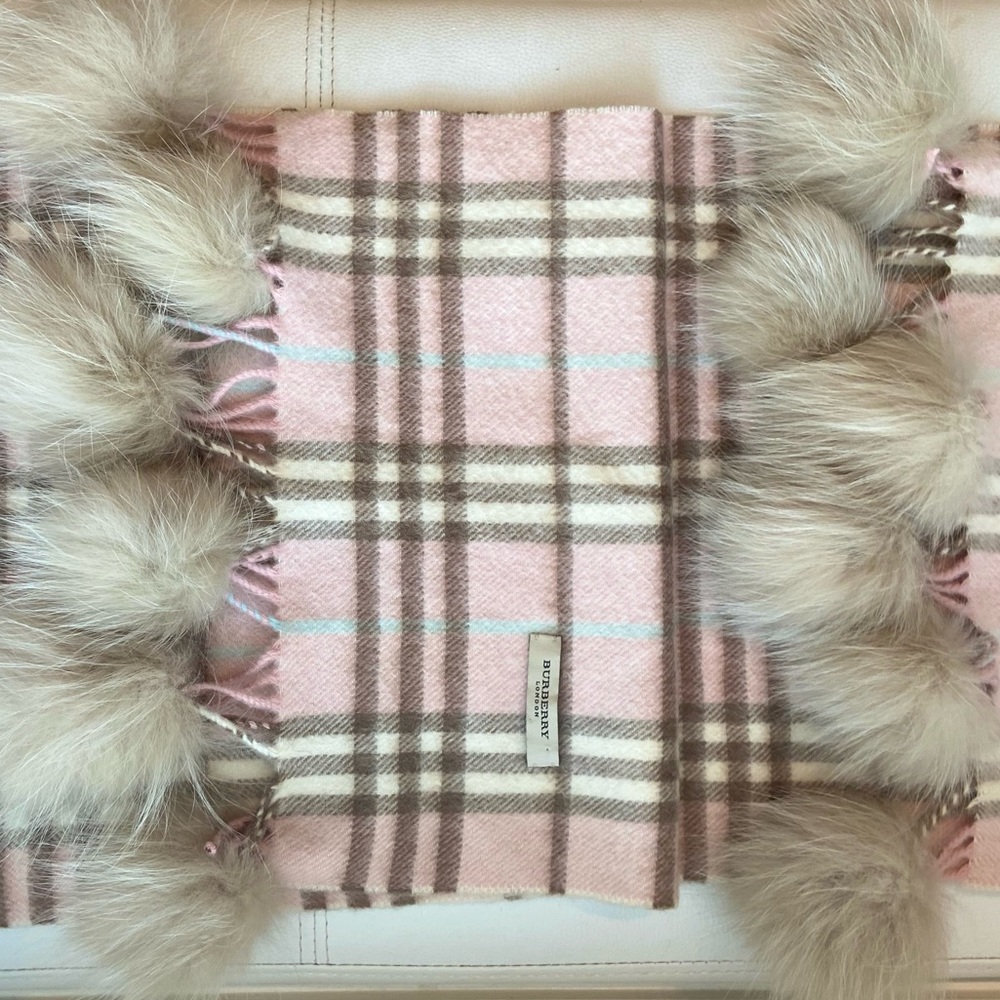 Burberry Pink Plaid Cashmere Fox Fur Pom Poms Scarf - Picture 2 of 7